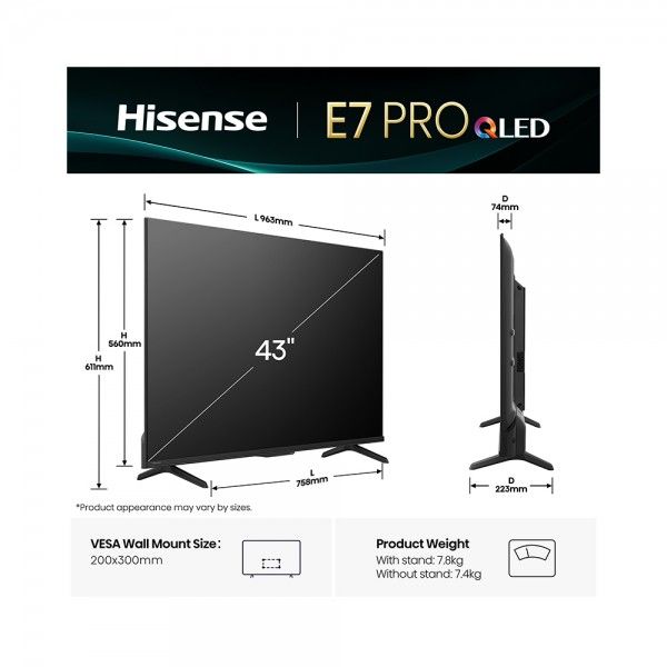 TV HISENSE 43' 43E7Q PRO (QLED - 4K Ultra HD - Smart TV - 108 cm)